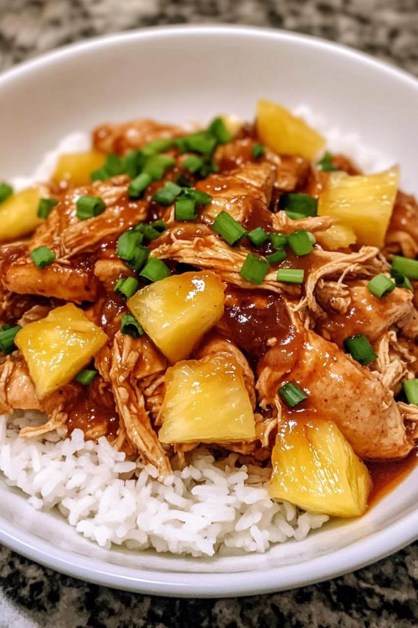 A bowl of Sweet Hawaiian Chicken served over white rice, topped with pineapple chunks and green onion.