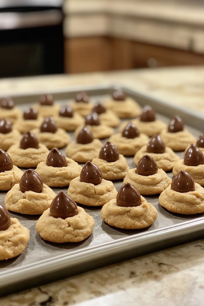 A tray of freshly baked peanut butter cookies topped with chocolate candies, cooling on a countertop