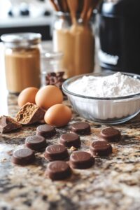 Ingredients for peanut butter cookies on a kitchen counter, including chocolate candies, eggs, peanut butter, and flour.