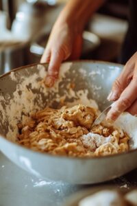 Hands mixing peanut butter cookie dough in a large bowl with flour visible on the sides.