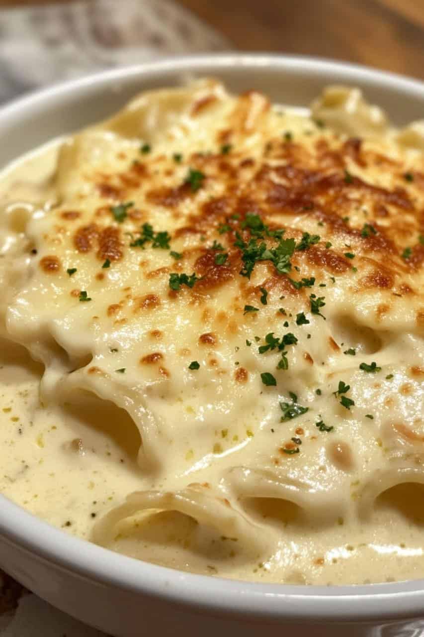 A bowl of creamy White Chicken Lasagna Soup topped with melted cheese and garnished with fresh parsley.