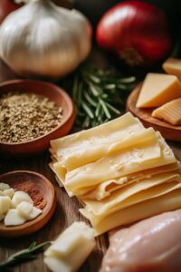  Ingredients for White Chicken Lasagna Soup, including lasagna sheets, chicken, garlic, cheese, spices, and fresh herbs on a wooden surface.