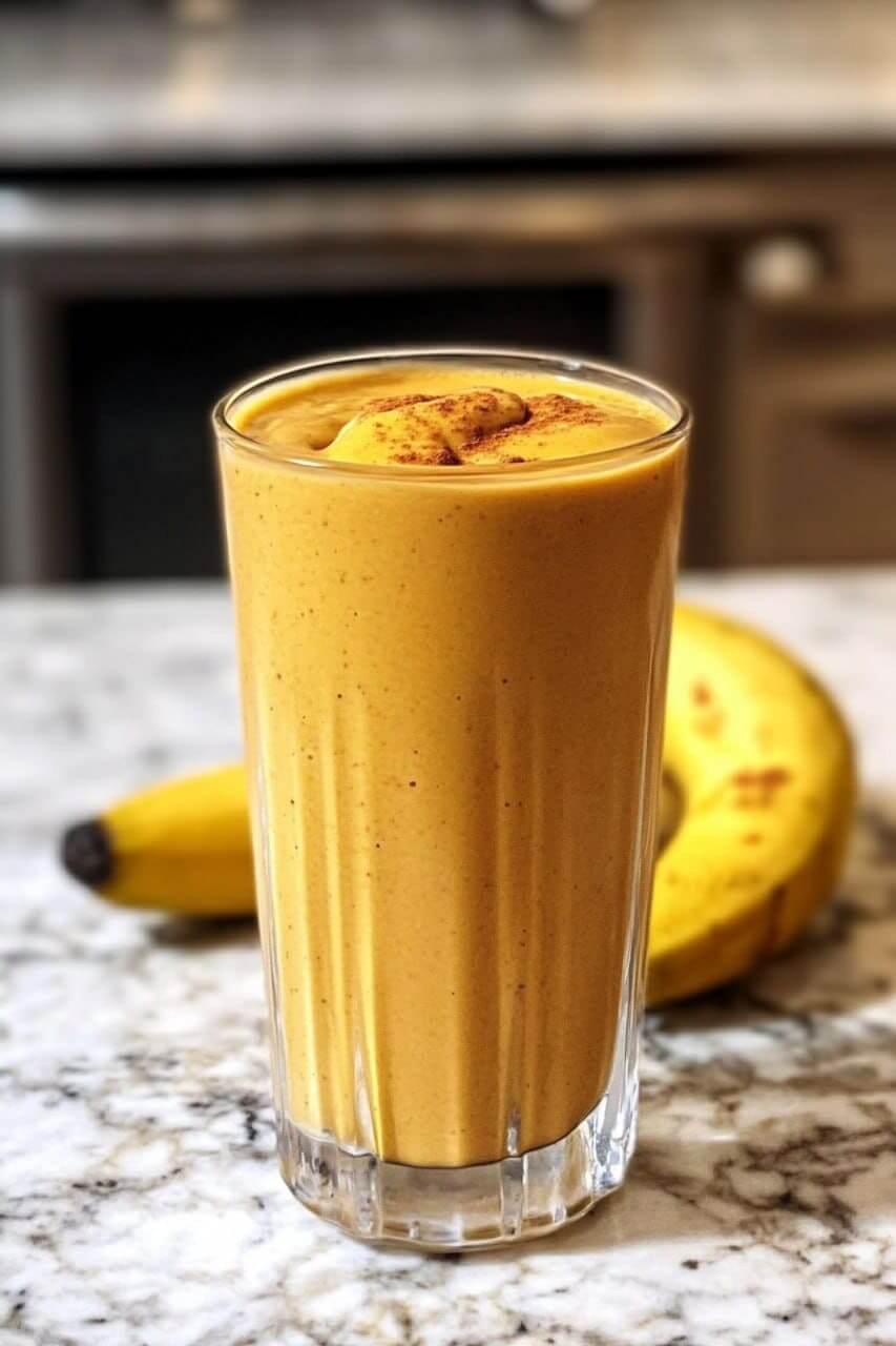 A tall glass of creamy Pumpkin Protein Smoothie garnished with a sprinkle of cinnamon, placed on a marble countertop with a ripe banana in the background.