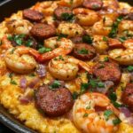 A skillet filled with creamy grits topped with seasoned shrimp, smoked sausage, red onions, and garnished with fresh parsley.