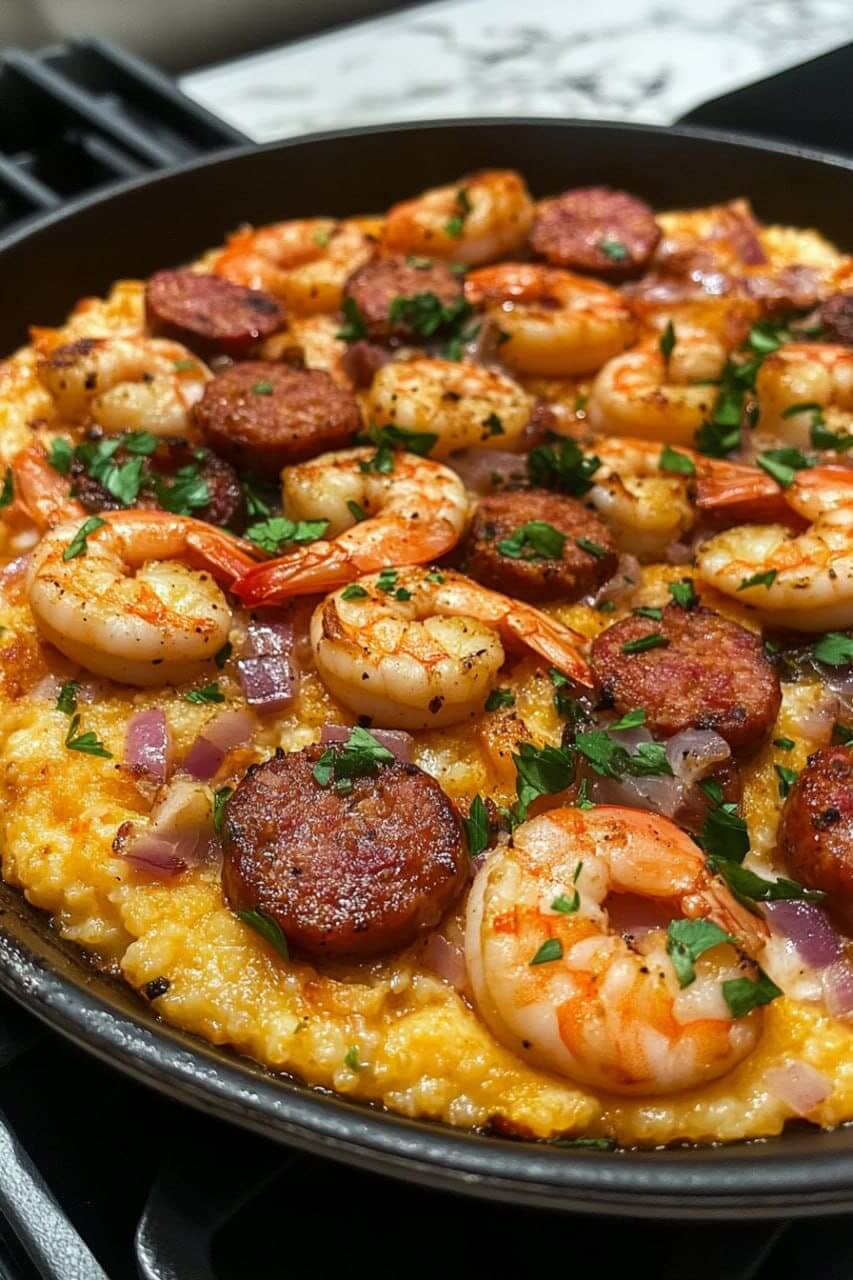 A skillet filled with creamy grits topped with seasoned shrimp, smoked sausage, red onions, and garnished with fresh parsley.