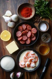  Ingredients for Shrimp and Smoked Sausage Grits, including shrimp, sausage, grits, butter, garlic, parsley, spices, and lemon, arranged on a wooden surface.