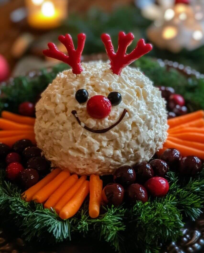 A festive Rudolph Cheese Ball shaped like a reindeer, decorated with a red cherry nose, chocolate eyes, pretzel antlers, and surrounded by carrots, cranberries, and fresh greens.