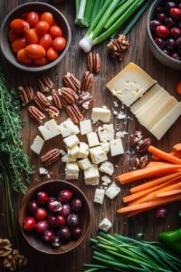  Ingredients for a Rudolph Cheese Ball, including cheese cubes, cranberries, pecans, cherry tomatoes, carrots, green onions, and fresh herbs arranged on a wooden surface.