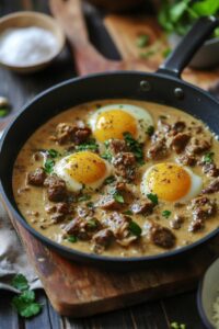  A skillet of Creamy Sipo Egg with Gizzard featuring sunny-side-up eggs, tender gizzards, and a rich creamy sauce garnished with fresh herbs.