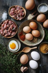 Ingredients for Creamy Sipo Egg with Gizzard, including fresh eggs, chicken gizzard, spices, garlic, and herbs, arranged on a rustic wooden surface.