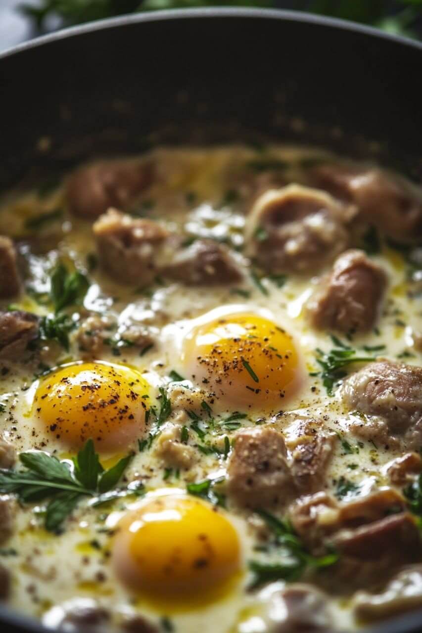 A skillet of Creamy Sipo Egg with Gizzard featuring sunny-side-up eggs, tender gizzard pieces, and a rich creamy sauce garnished with fresh herbs.