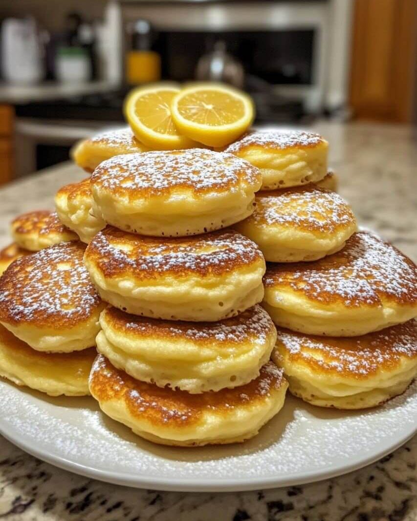 A stack of golden-brown Fluffy Lemon Ricotta Pancakes on a white plate, dusted with powdered sugar and topped with lemon slices.