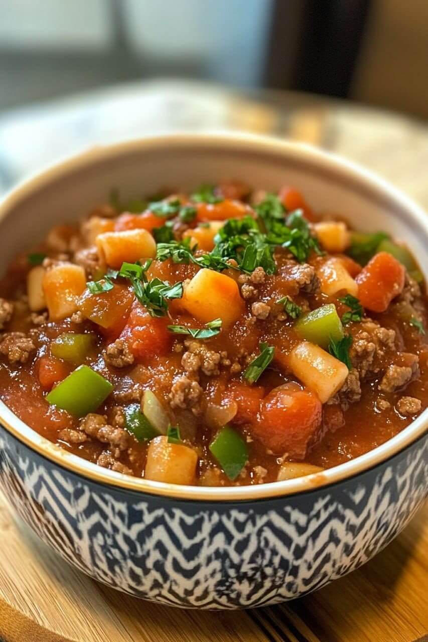 A bowl of Classic American Goulash, featuring ground beef, diced tomatoes, green bell peppers, and pasta in a rich tomato-based sauce, garnished with fresh parsley.