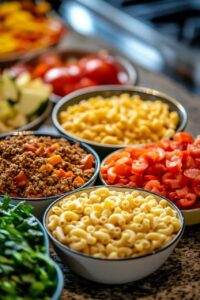 A variety of ingredients in bowls for preparing Classic American Goulash, including macaroni pasta, ground beef with diced vegetables, chopped tomatoes, and fresh greens, displayed on a countertop.