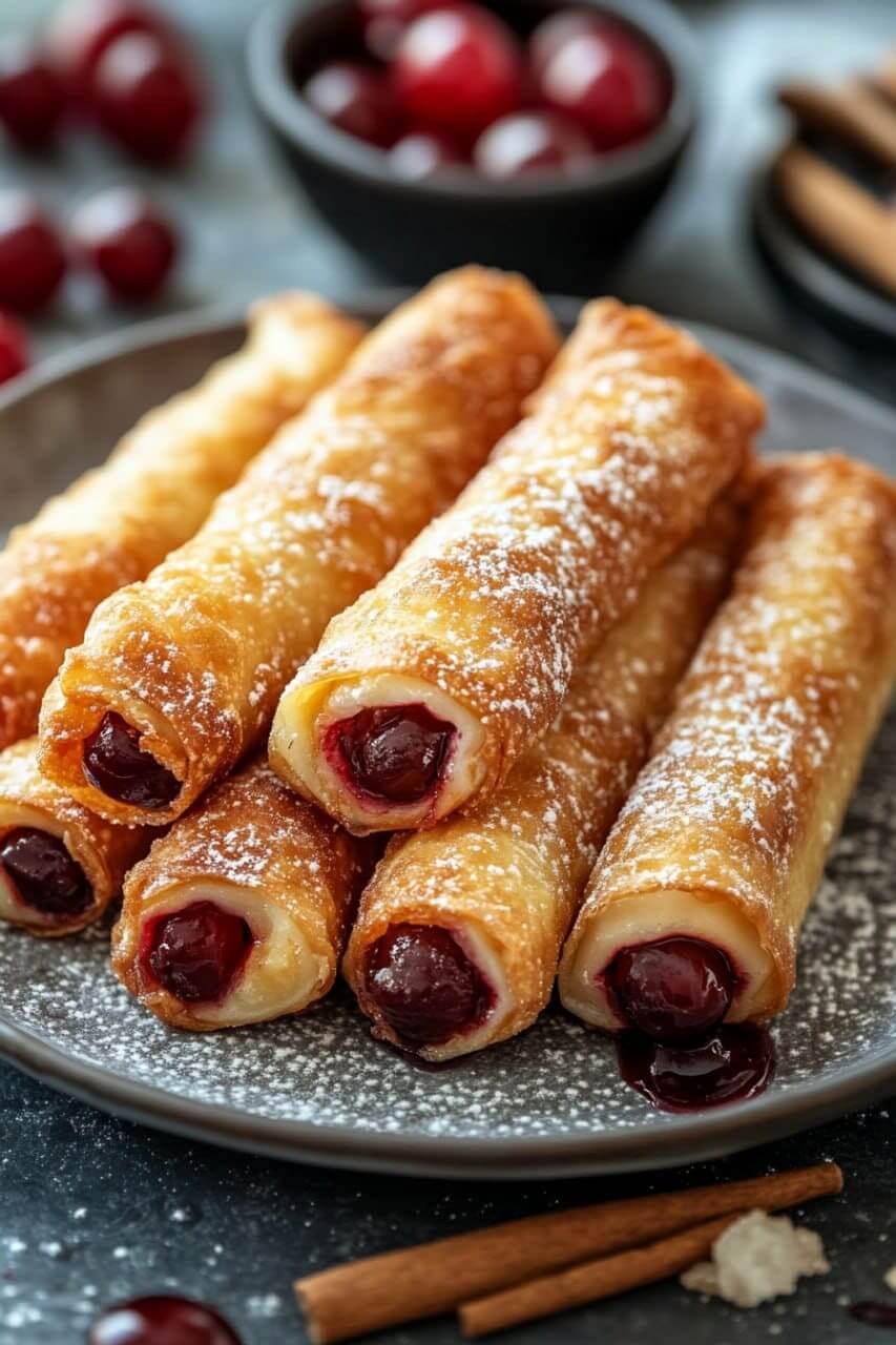 A plate of Cherry Cheesecake Egg Rolls, golden and crispy, filled with cherries and cream cheese, dusted with powdered sugar, and garnished with cinnamon sticks and fresh cherries.