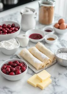 Ingredients and prepared Cherry Cheesecake Egg Rolls displayed on a marble countertop, including cherries, eggs, sugar, flour, cream cheese, butter, and powdered sugar.