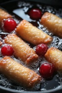 Cherry Cheesecake Egg Rolls frying in oil, with golden crispy wrappers and whole cherries immersed in the bubbling oil.