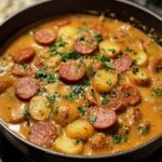 A pot of Potato Kielbasa Soup with sliced kielbasa, tender potato chunks, fresh parsley, and a creamy, seasoned broth, ready to serve.