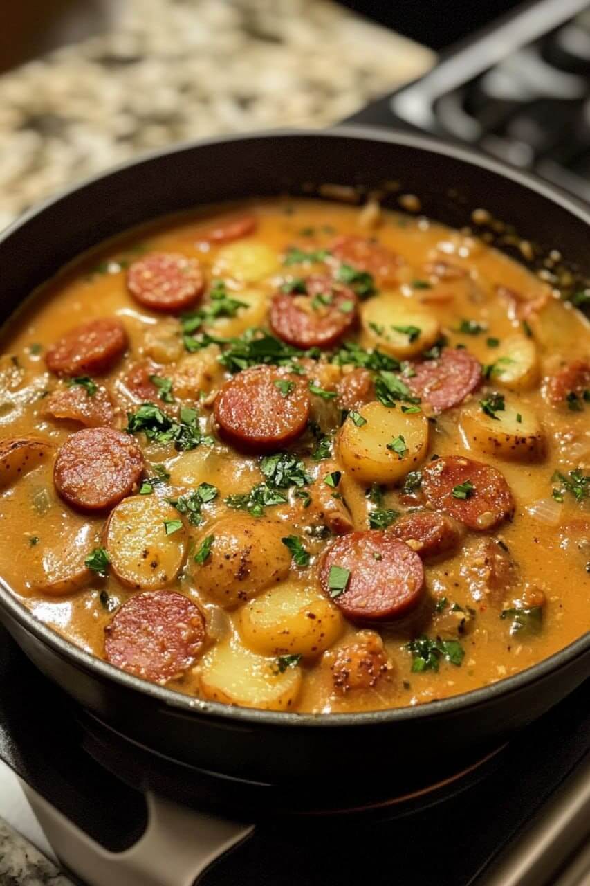 A pot of Potato Kielbasa Soup with sliced kielbasa, tender potato chunks, fresh parsley, and a creamy, seasoned broth, ready to serve.