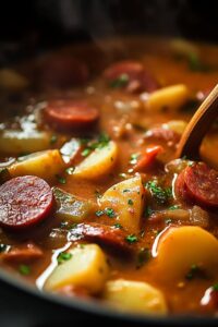 A pot of Potato Kielbasa Soup with sliced kielbasa, chunks of potatoes, onions, and fresh parsley in a rich, flavorful broth being stirred with a wooden spoon.