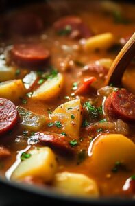 A pot of Potato Kielbasa Soup with sliced kielbasa, chunks of potatoes, onions, and fresh parsley in a rich, flavorful broth being stirred with a wooden spoon.