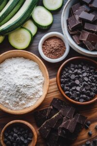 Ingredients for Double Chocolate Zucchini Bread, including fresh zucchini slices, dark chocolate chunks, chocolate chips, cocoa powder, and flour, displayed on a wooden surface.