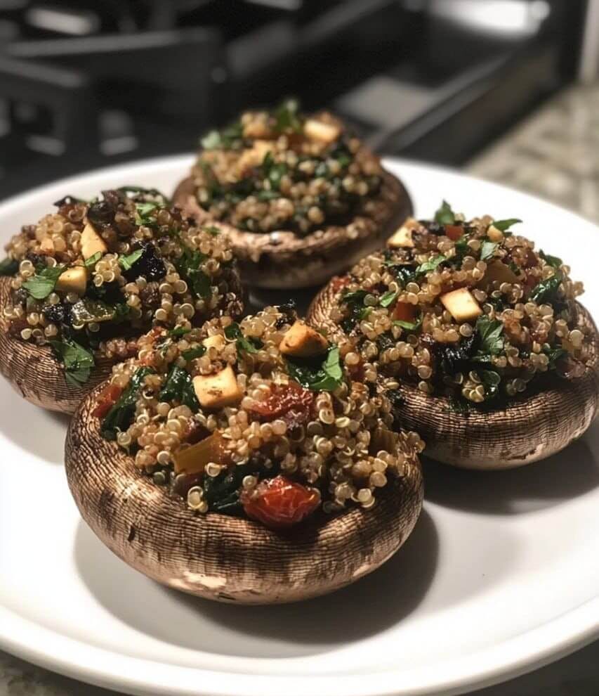 Four Stuffed Portobello Mushrooms filled with a mixture of quinoa, spinach, sun-dried tomatoes, and herbs, served on a white plate.