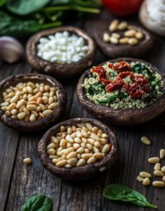 Ingredients for Stuffed Portobello Mushrooms, including quinoa, sun-dried tomatoes, pine nuts, spinach, feta cheese, and fresh tomatoes, displayed in rustic wooden bowls on a wooden surface.