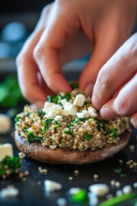 Hands assembling Stuffed Portobello Mushrooms with a quinoa, spinach, and feta cheese mixture on top of a large mushroom cap.