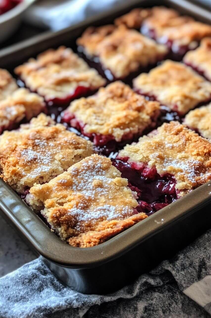 Freshly baked cherry pie bars in a baking pan, dusted with powdered sugar