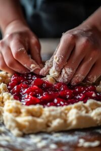 Close-up of hands shaping dough around a cherry filling to make cherry pie bars