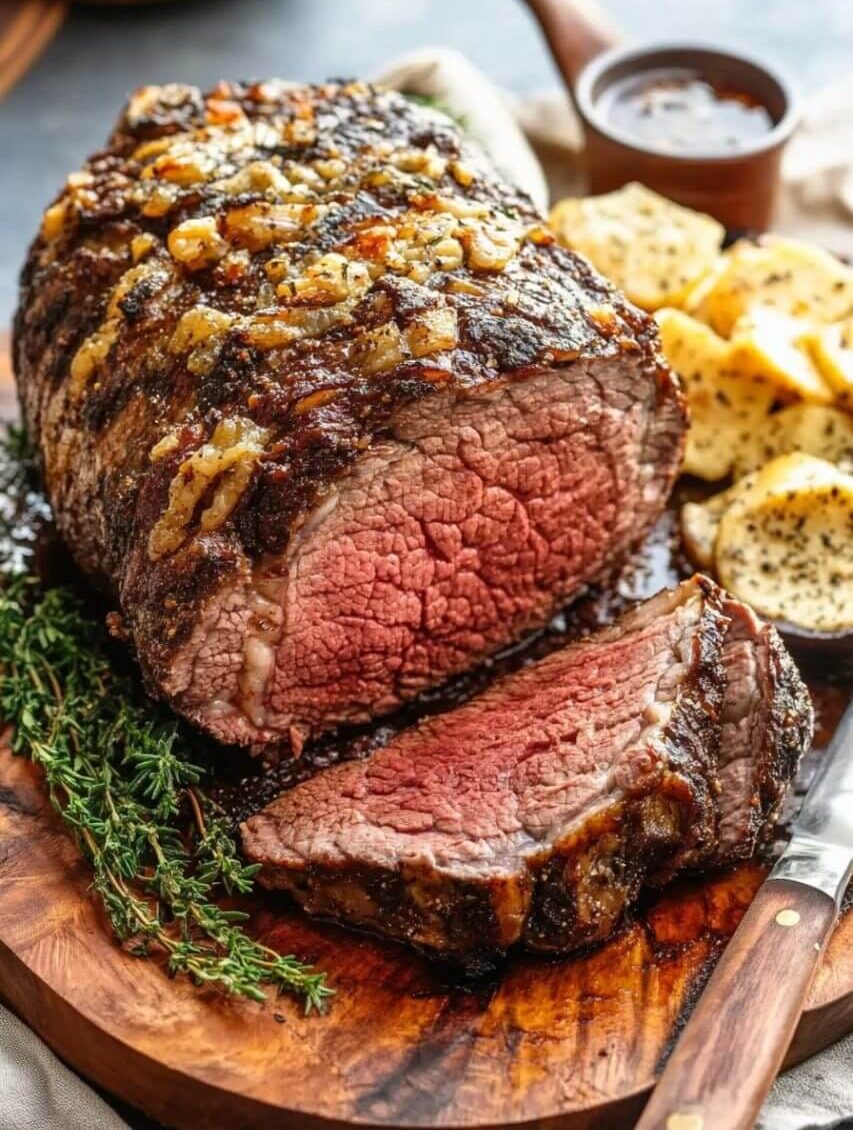 Perfectly cooked smoked garlic butter rib roast sliced on a wooden board, garnished with fresh thyme and served with roasted potatoes and a side of sauce.