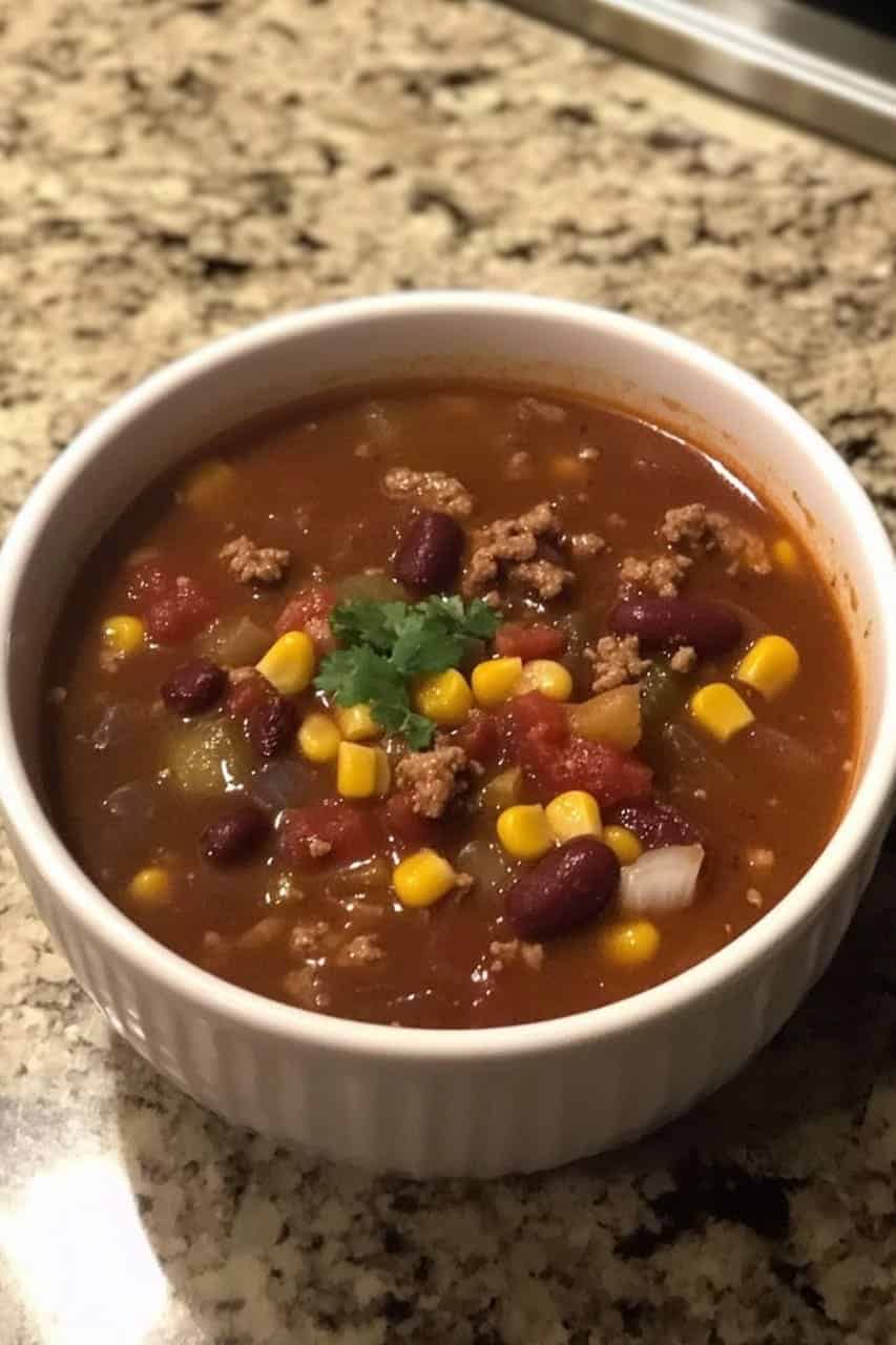 A bowl of taco soup with ground meat, kidney beans, corn, diced tomatoes, and topped with a sprig of fresh cilantro.