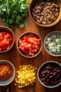 Ingredients for taco soup arranged on a wooden surface, including fresh cilantro, ground meat, diced tomatoes, chopped onions, corn kernels, kidney beans, taco seasoning, and other toppings in bowls.