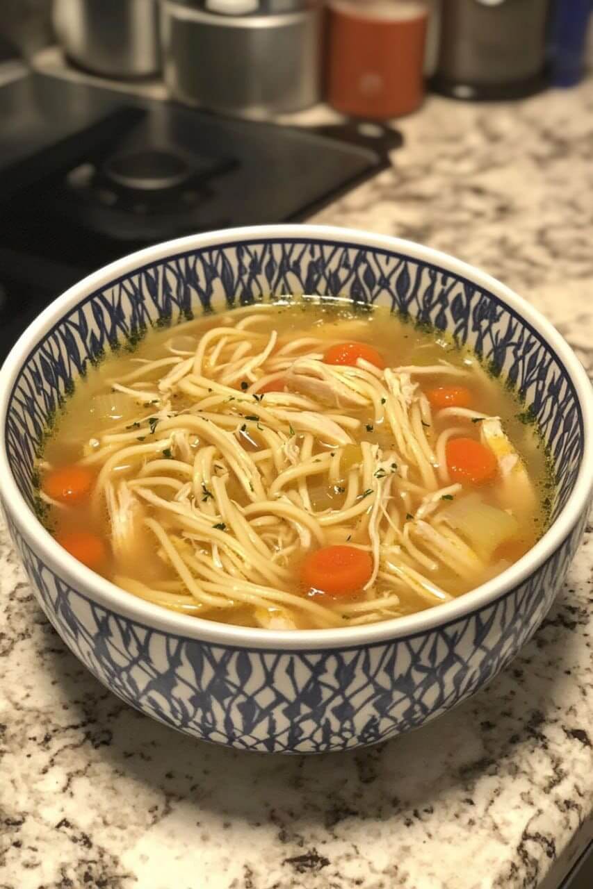 A bowl of homemade chicken noodle soup with shredded chicken, noodles, carrots, and broth, served in a decorative ceramic bowl.