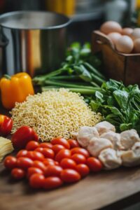  Ingredients for chicken noodle soup on a wooden surface, including fresh vegetables, raw chicken, uncooked noodles, cherry tomatoes, and fresh herbs.