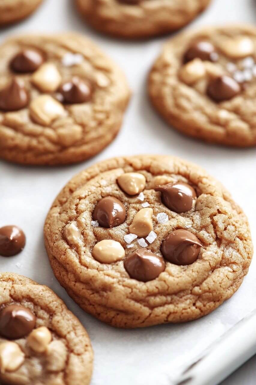 Close-up of freshly baked peanut butter cookies topped with chocolate chips and peanut butter chips, sprinkled with sea salt.