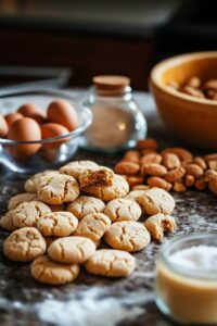 A stack of freshly baked peanut butter cookies with a bite taken out of one, surrounded by raw ingredients like eggs, sugar, and peanuts on a kitchen counter.