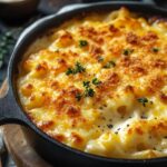 A cast-iron skillet filled with baked mac and cheese, topped with golden breadcrumbs and garnished with fresh thyme.