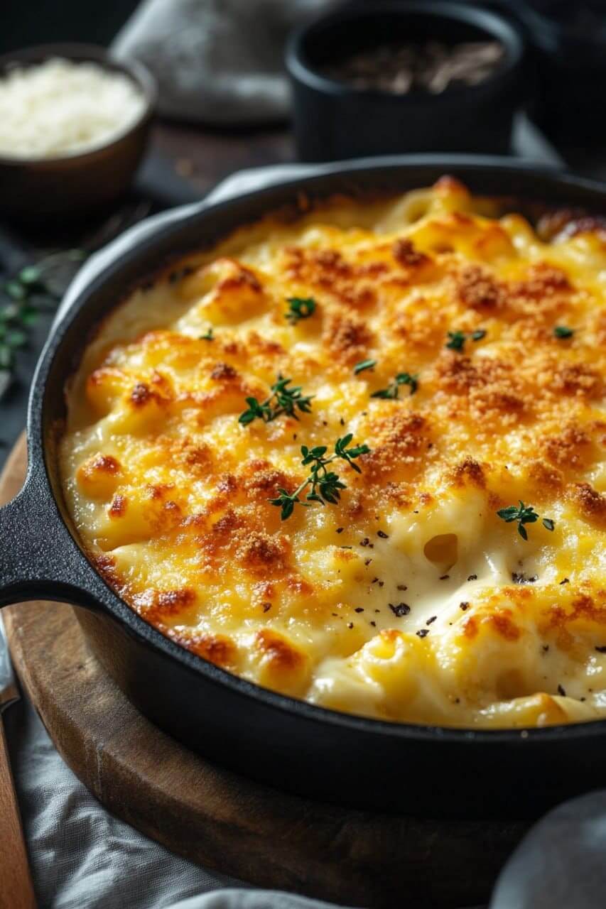 A cast-iron skillet filled with baked mac and cheese, topped with golden breadcrumbs and garnished with fresh thyme.