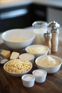  Ingredients for mac and cheese on a wooden countertop, including uncooked elbow macaroni, grated cheeses, milk, butter, and seasonings.