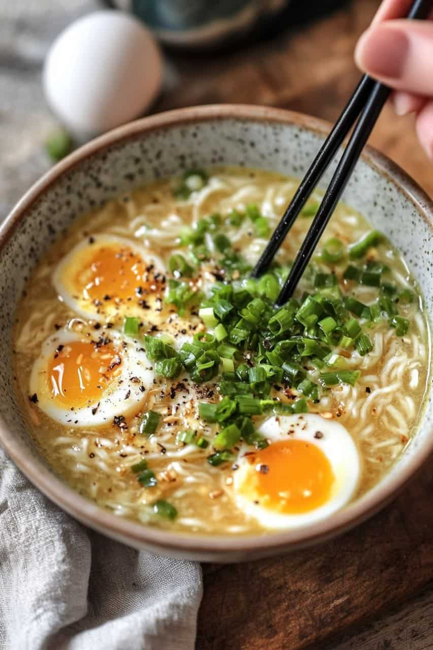 A bowl of egg drop soup with soft-boiled eggs, chopped green onions, and seasonings, with chopsticks picking up noodles.