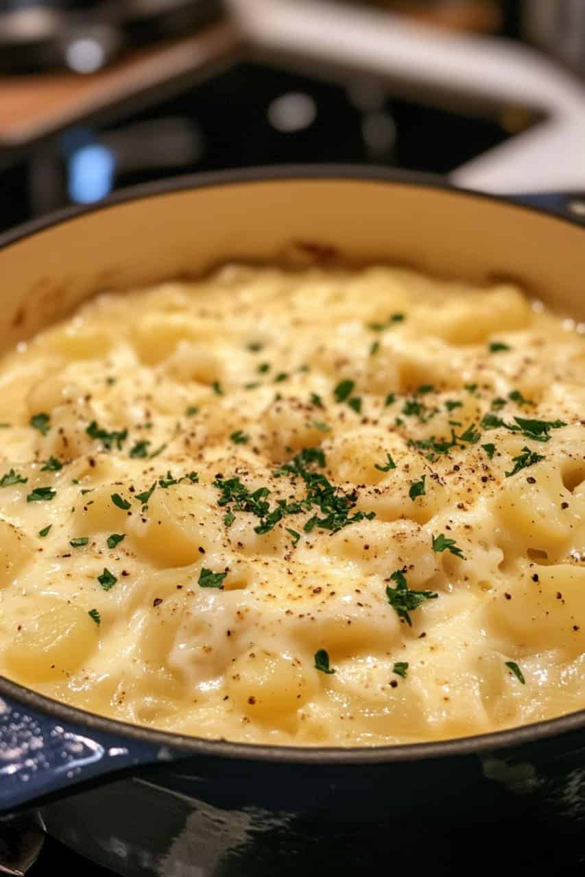 A pot of creamy potato soup topped with fresh parsley and black pepper, served hot and ready to eat.