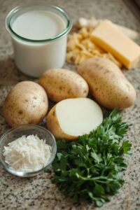  Fresh ingredients for potato soup, including potatoes, milk, cheese, parsley, and shredded coconut, displayed on a countertop.