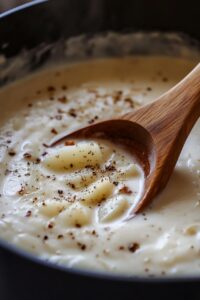 A pot of creamy potato soup with chunks of potatoes, seasoned with black pepper, and stirred with a wooden spoon.