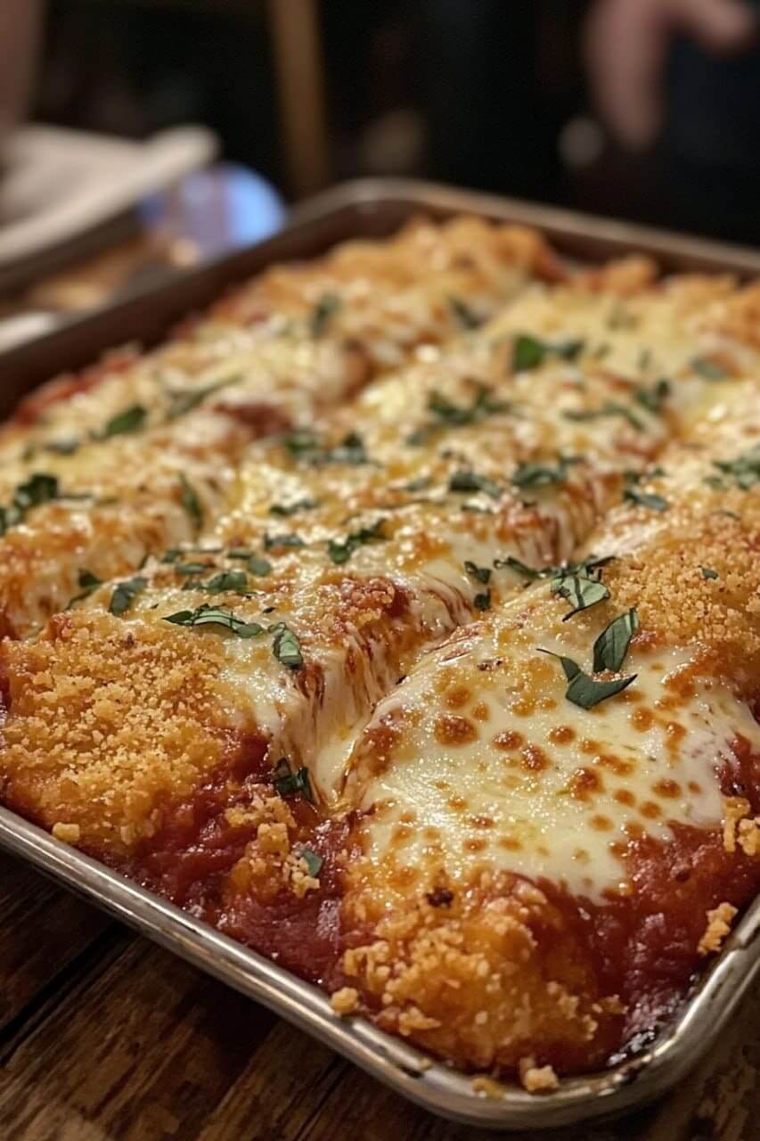 A freshly baked tray of chicken Parmesan topped with melted cheese, tomato sauce, breadcrumbs, and garnished with fresh basil.