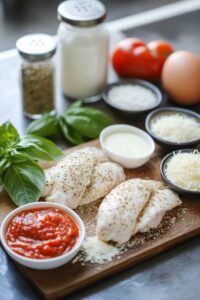  Ingredients for chicken Parmesan on a wooden cutting board, including seasoned chicken breasts, tomato sauce, cheese, basil, and seasonings.