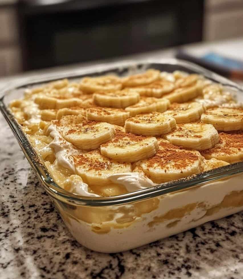 Glass dish filled with banana pudding, topped with banana slices and a sprinkle of crushed cookies, placed on a speckled countertop in a kitchen setting.