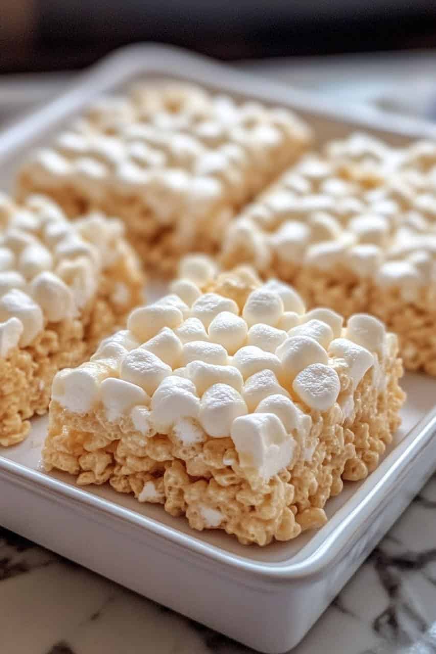 Squares of Rice Krispie treats topped with mini marshmallows, neatly arranged on a white tray.