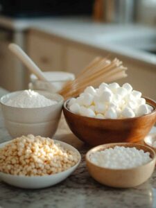 Ingredients for Rice Krispie treats on a countertop, including marshmallows, rice cereal, powdered sugar, and other kitchen essentials in bowls.